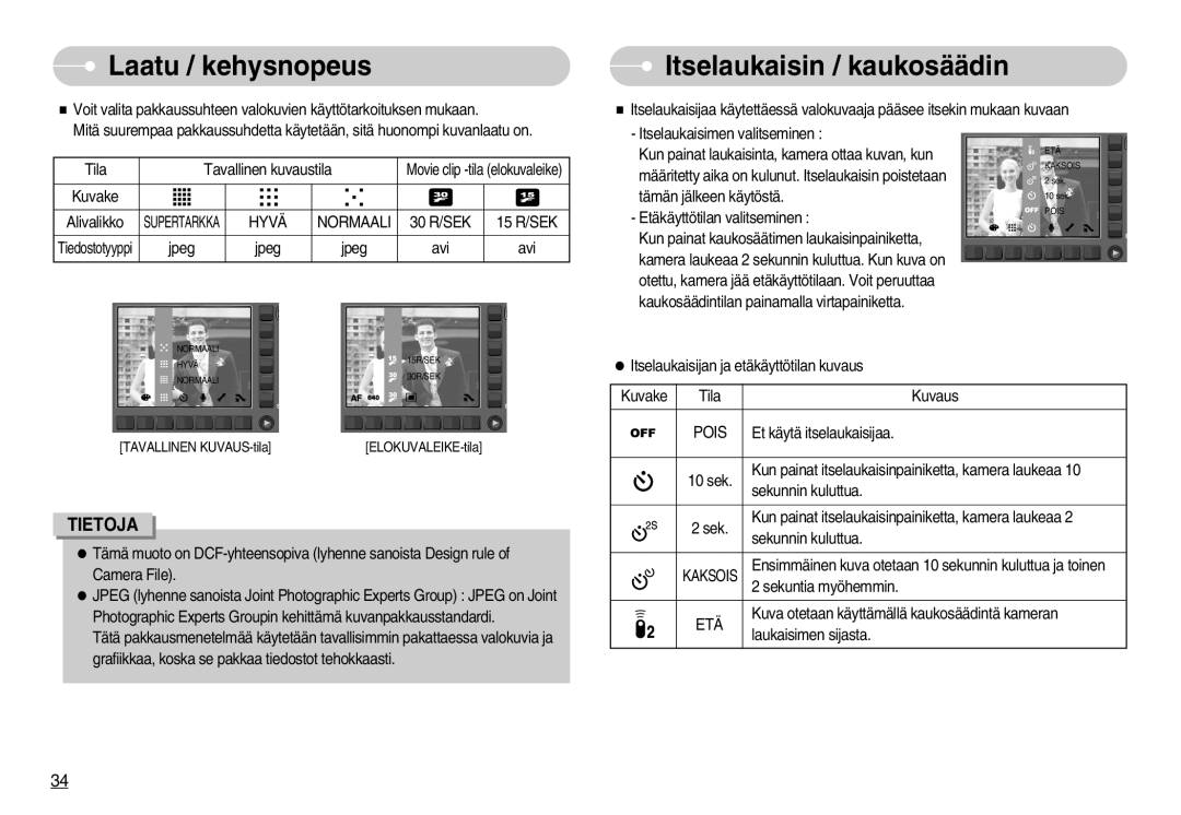 Samsung EC-NV11ZBBB/E2, EC-NV11ZBDA/DE, EC-NV11ZBBC/E2 manual Laatu / kehysnopeus, Itselaukaisin / kaukosäädin, Hyvä Normaali 