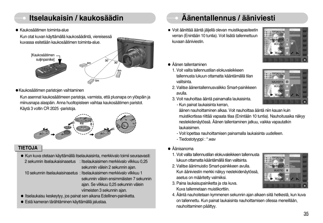 Samsung EC-NV11ZBDA/DE, EC-NV11ZBBC/E2, EC-NV11ZBBB/E2 manual Äänentallennus / ääniviesti 