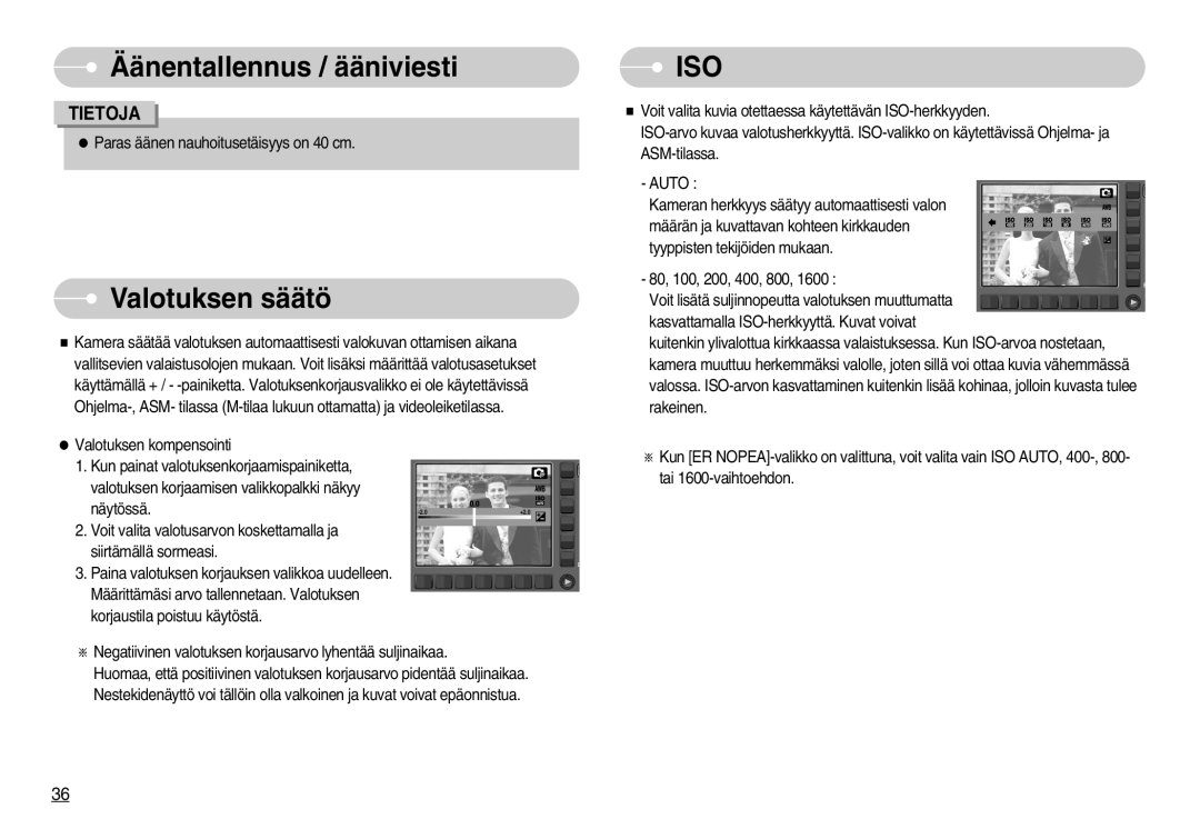 Samsung EC-NV11ZBBC/E2, EC-NV11ZBDA/DE, EC-NV11ZBBB/E2 manual Valotuksen säätö, Iso 