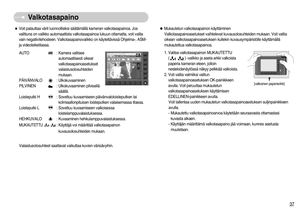 Samsung EC-NV11ZBBB/E2, EC-NV11ZBDA/DE, EC-NV11ZBBC/E2 manual Valkotasapaino, Päivänvalo, Pilvinen, Hehkuvalo, Mukautettu 