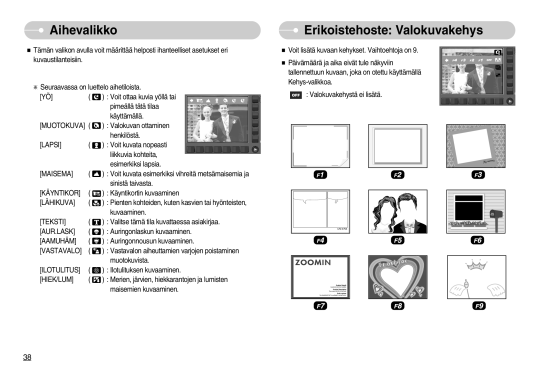 Samsung EC-NV11ZBDA/DE, EC-NV11ZBBC/E2, EC-NV11ZBBB/E2 manual Aihevalikko, Erikoistehoste Valokuvakehys 