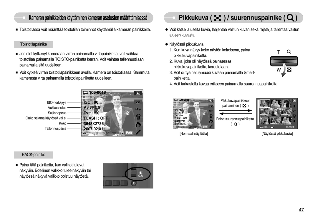 Samsung EC-NV11ZBDA/DE, EC-NV11ZBBC/E2, EC-NV11ZBBB/E2 manual Pikkukuva / suurennuspainike 