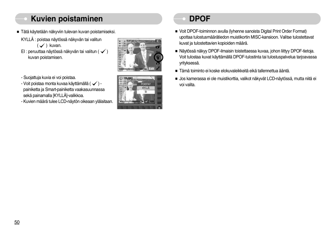 Samsung EC-NV11ZBDA/DE, EC-NV11ZBBC/E2, EC-NV11ZBBB/E2 manual Kuvien poistaminen, Dpof 