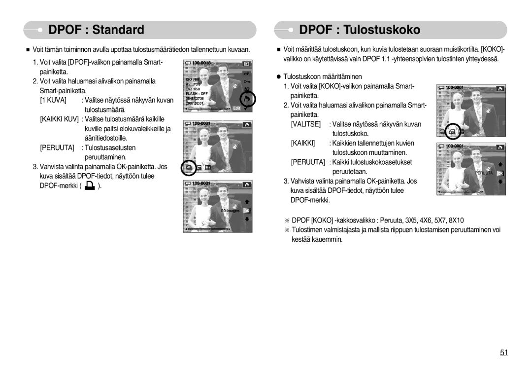 Samsung EC-NV11ZBBC/E2, EC-NV11ZBDA/DE, EC-NV11ZBBB/E2 manual Dpof Standard, Dpof Tulostuskoko, Valitse, Kaikki, Peruuta 