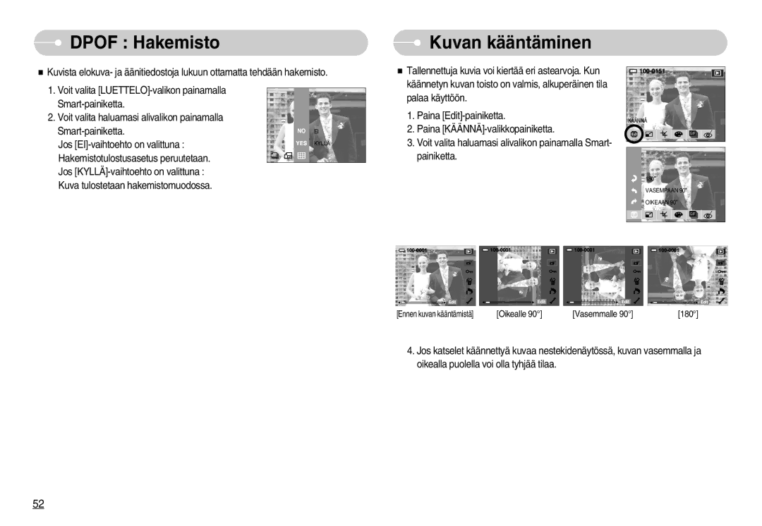 Samsung EC-NV11ZBBB/E2, EC-NV11ZBDA/DE, EC-NV11ZBBC/E2 manual Dpof Hakemisto, Kuvan kääntäminen 