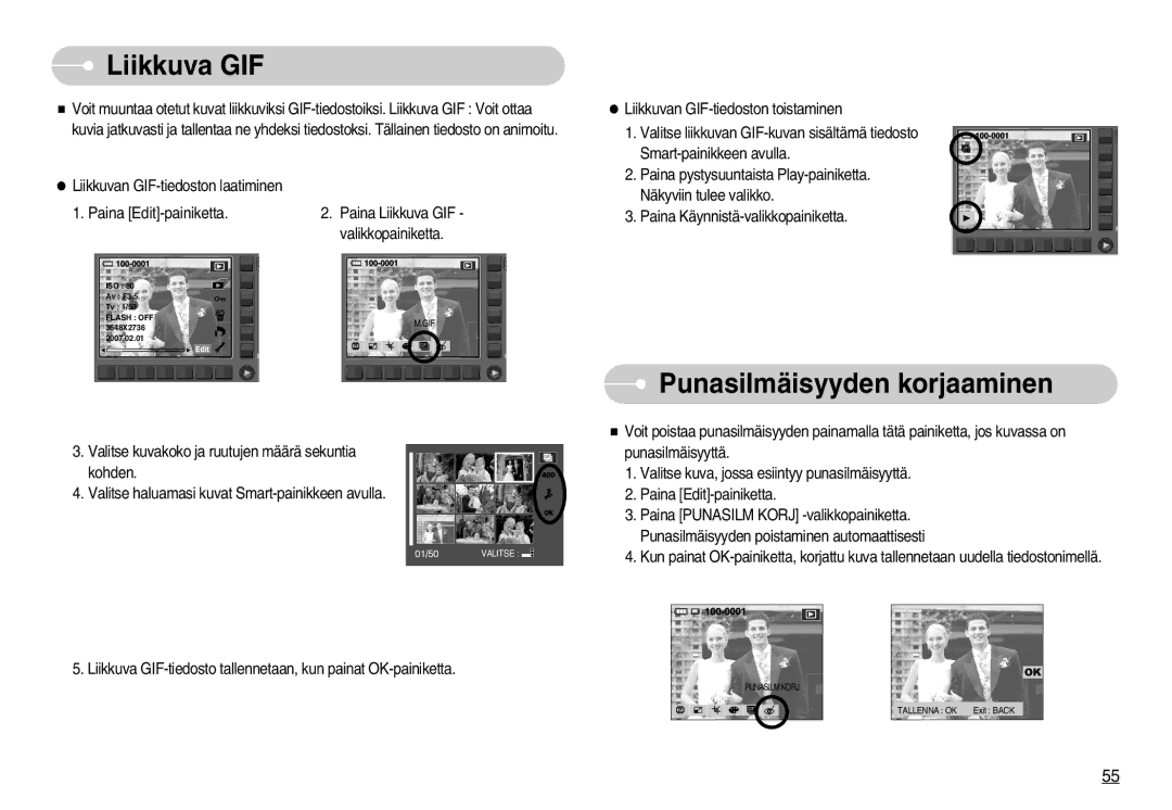 Samsung EC-NV11ZBBB/E2, EC-NV11ZBDA/DE, EC-NV11ZBBC/E2 manual Liikkuva GIF, Punasilmäisyyden korjaaminen 