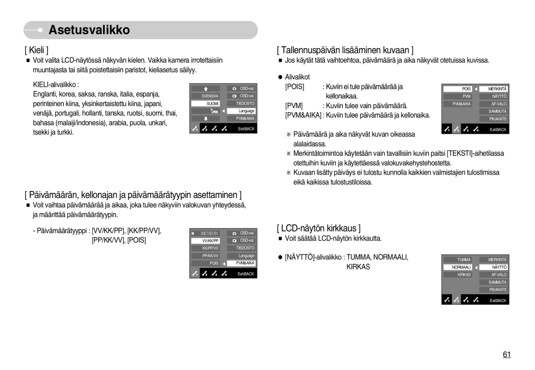 Samsung EC-NV11ZBBB/E2, EC-NV11ZBDA/DE, EC-NV11ZBBC/E2 manual Kieli 