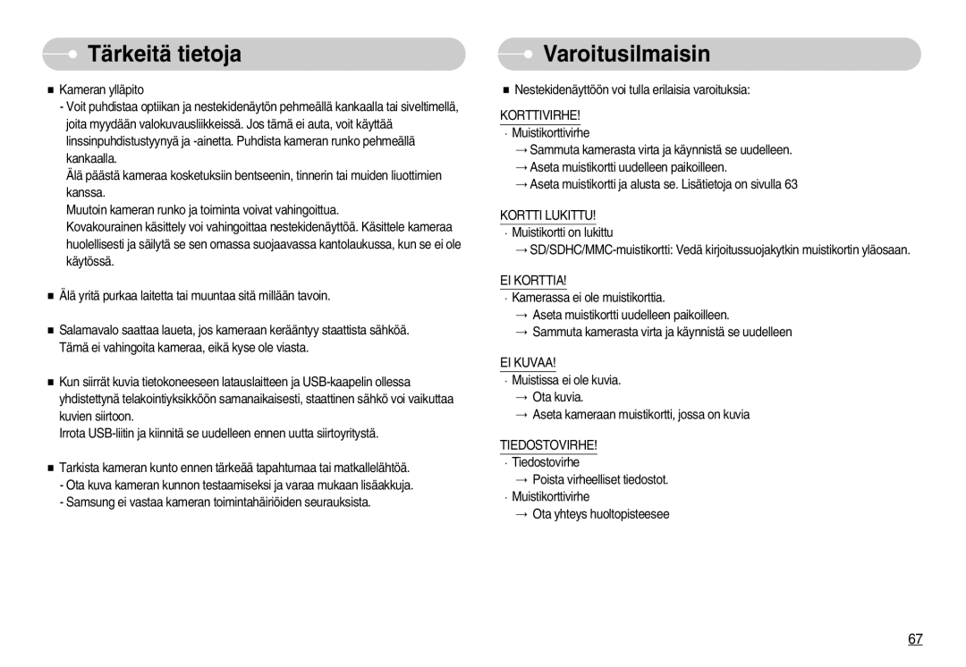 Samsung EC-NV11ZBBB/E2, EC-NV11ZBDA/DE, EC-NV11ZBBC/E2 Varoitusilmaisin, Korttivirhe, EI Korttia, EI Kuvaa, Tiedostovirhe 