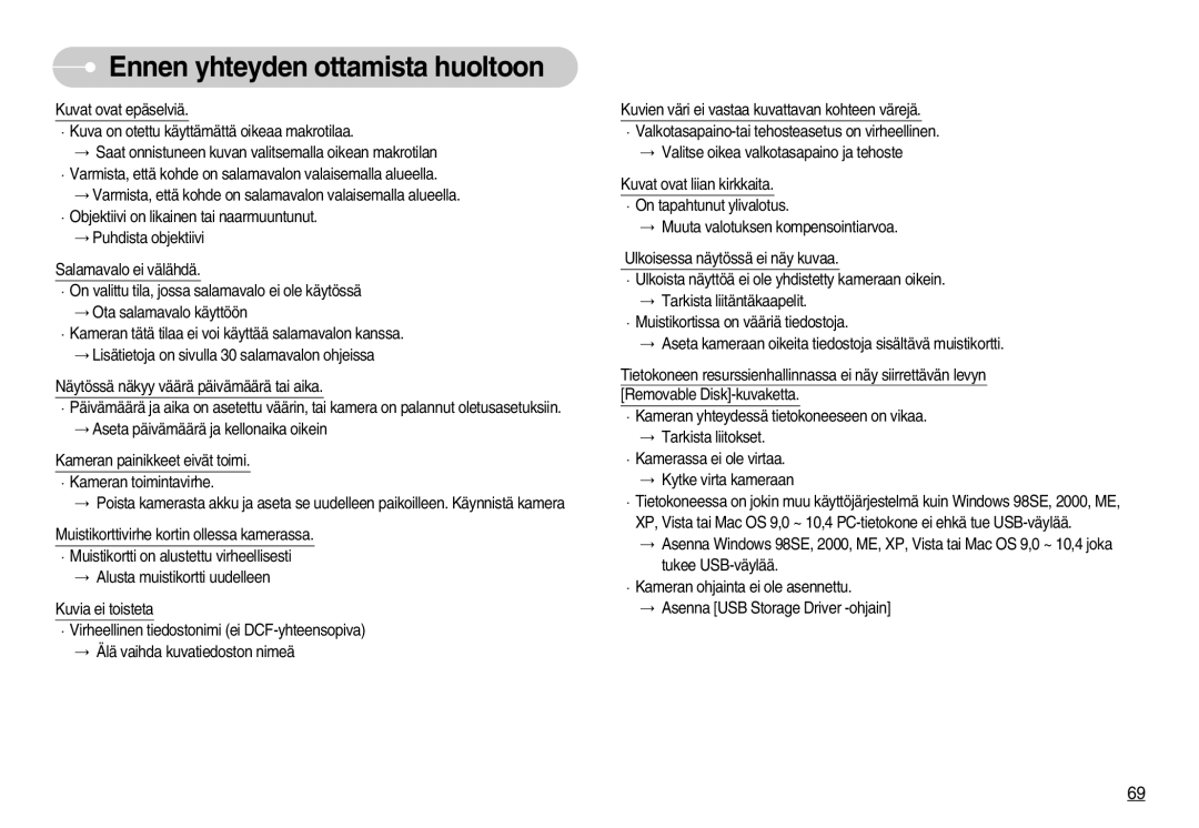 Samsung EC-NV11ZBBC/E2, EC-NV11ZBDA/DE, EC-NV11ZBBB/E2 manual Ennen yhteyden ottamista huoltoon 