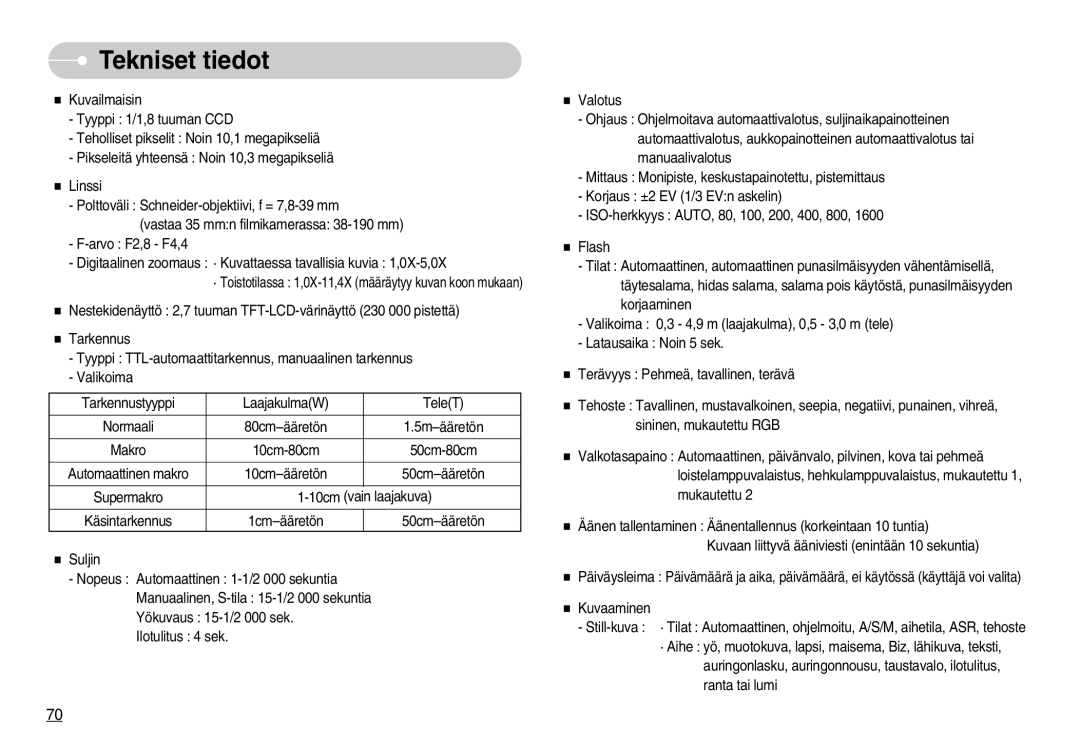 Samsung EC-NV11ZBBB/E2, EC-NV11ZBDA/DE, EC-NV11ZBBC/E2 manual Tekniset tiedot 