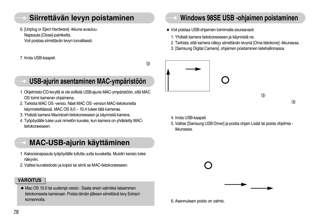 Samsung EC-NV11ZBBC/E2, EC-NV11ZBDA/DE, EC-NV11ZBBB/E2 MAC-USB-ajurin käyttäminen, Windows 98SE USB -ohjaimen poistaminen 