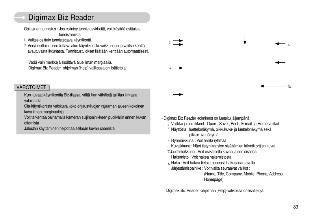 Samsung EC-NV11ZBDA/DE, EC-NV11ZBBC/E2, EC-NV11ZBBB/E2 manual Varotoimet 