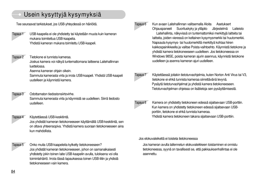 Samsung EC-NV11ZBBC/E2, EC-NV11ZBDA/DE, EC-NV11ZBBB/E2 manual Usein kysyttyjä kysymyksiä 