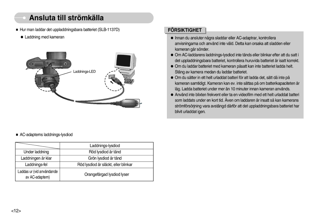 Samsung EC-NV11ZBBC/E2, EC-NV11ZBDA/DE, EC-NV11ZBBB/E2 manual Orangefärgad lysdiod lyser 