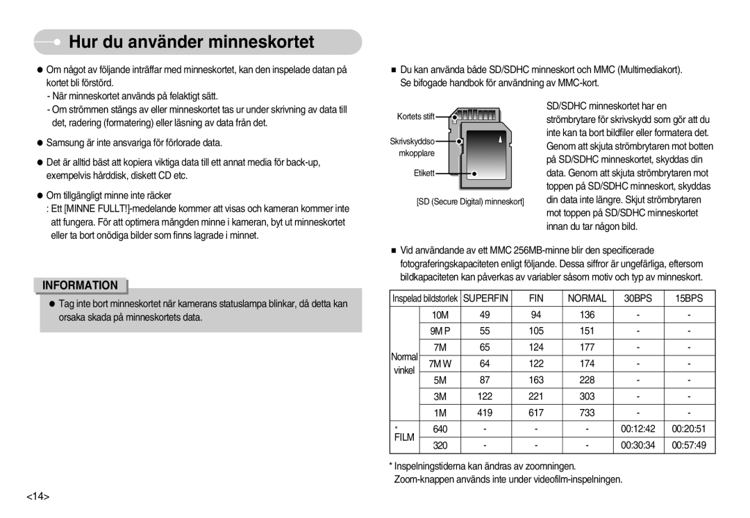 Samsung EC-NV11ZBDA/DE, EC-NV11ZBBC/E2, EC-NV11ZBBB/E2 manual Superfin FIN Normal 30BPS 15BPS, Film 