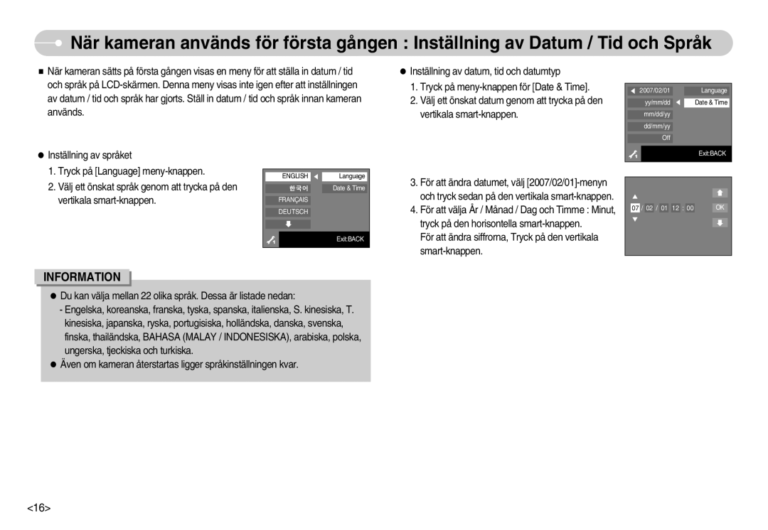 Samsung EC-NV11ZBBB/E2, EC-NV11ZBDA/DE, EC-NV11ZBBC/E2 manual Inställning av språket Tryck på Language meny-knappen 