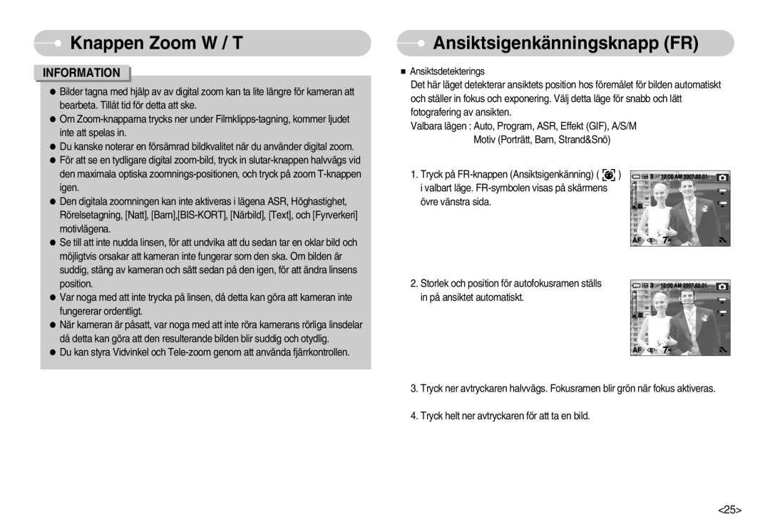 Samsung EC-NV11ZBBB/E2, EC-NV11ZBDA/DE, EC-NV11ZBBC/E2 manual Ansiktsigenkänningsknapp FR 