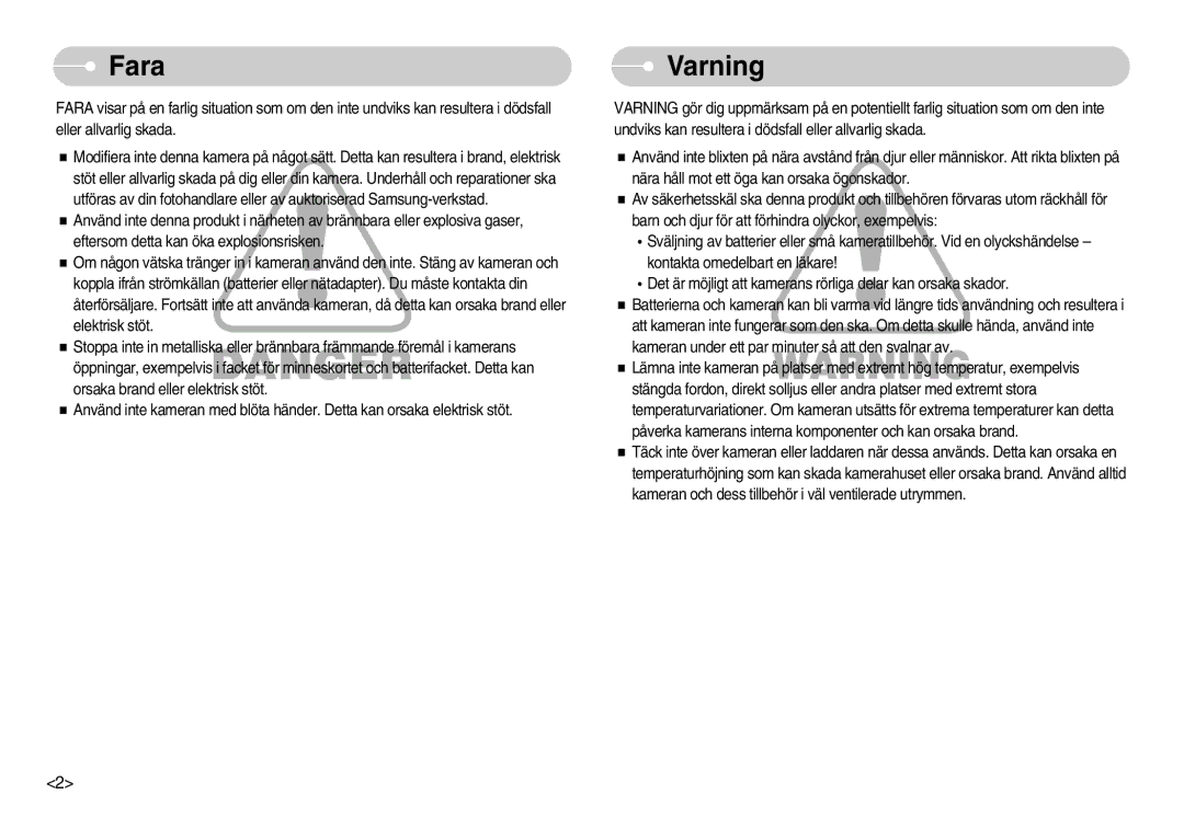 Samsung EC-NV11ZBDA/DE, EC-NV11ZBBC/E2, EC-NV11ZBBB/E2 manual Fara, Varning 