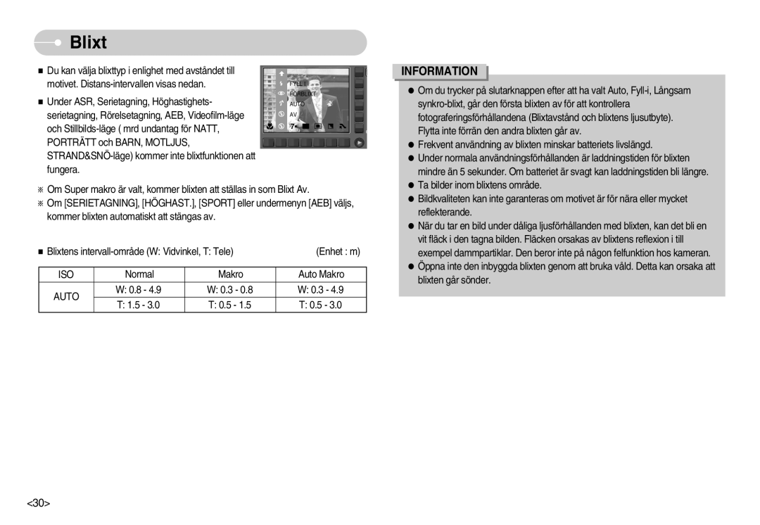 Samsung EC-NV11ZBBC/E2, EC-NV11ZBDA/DE, EC-NV11ZBBB/E2 manual Blixt, Iso 