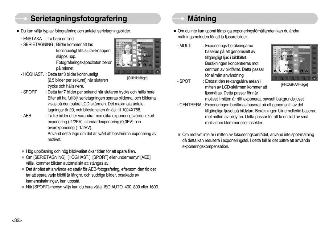 Samsung EC-NV11ZBDA/DE, EC-NV11ZBBC/E2, EC-NV11ZBBB/E2 manual Serietagningsfotografering, Mätning, Sport 