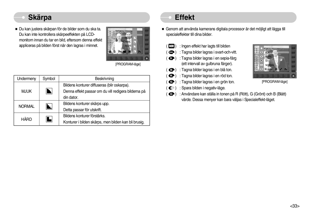 Samsung EC-NV11ZBBC/E2, EC-NV11ZBDA/DE, EC-NV11ZBBB/E2 manual Skärpa, Effekt, Mjuk, Hård 