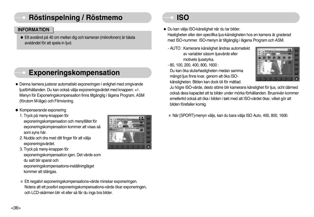 Samsung EC-NV11ZBBC/E2, EC-NV11ZBDA/DE, EC-NV11ZBBB/E2 manual Exponeringskompensation, Iso 