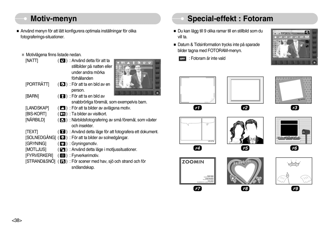 Samsung EC-NV11ZBDA/DE, EC-NV11ZBBC/E2, EC-NV11ZBBB/E2 manual Motiv-menyn, Special-effekt Fotoram 