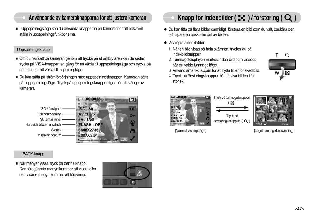 Samsung EC-NV11ZBDA/DE, EC-NV11ZBBC/E2, EC-NV11ZBBB/E2 manual Knapp för Indexbilder / förstoring 