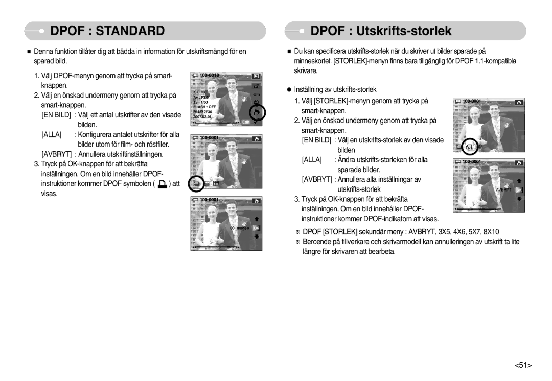 Samsung EC-NV11ZBBC/E2, EC-NV11ZBDA/DE, EC-NV11ZBBB/E2 manual Dpof Standard, Dpof Utskrifts-storlek 