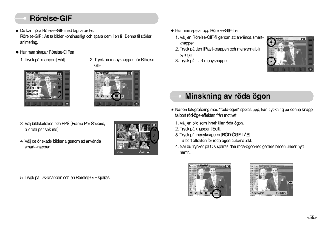 Samsung EC-NV11ZBBB/E2, EC-NV11ZBDA/DE, EC-NV11ZBBC/E2 manual Rörelse-GIF, Minskning av röda ögon 