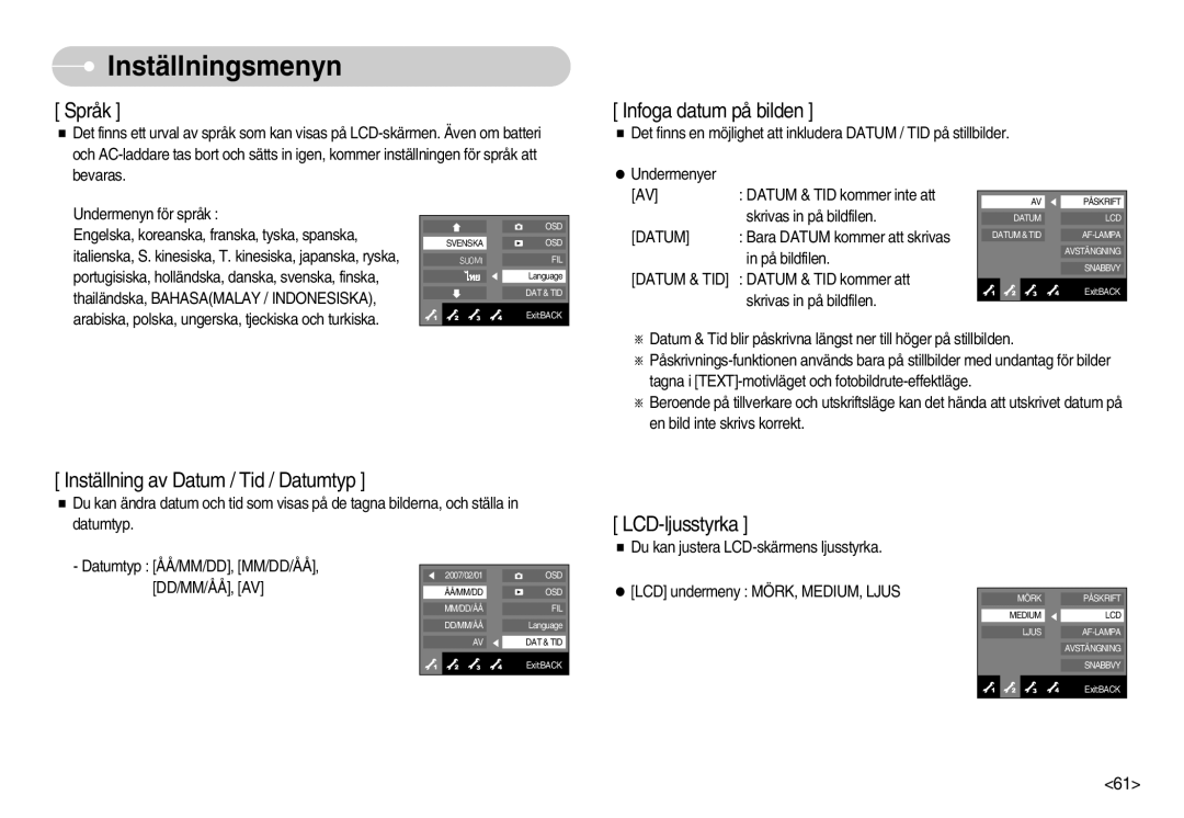 Samsung EC-NV11ZBBB/E2, EC-NV11ZBDA/DE, EC-NV11ZBBC/E2 manual Inställning av Datum / Tid / Datumtyp 