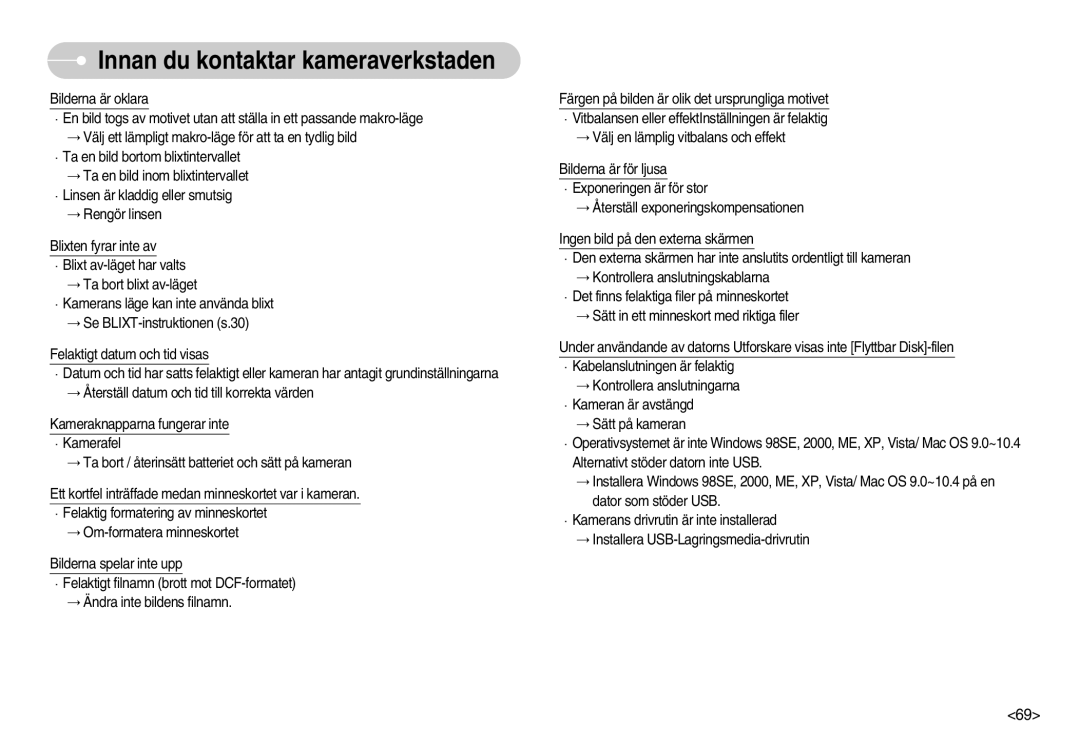 Samsung EC-NV11ZBBC/E2, EC-NV11ZBDA/DE, EC-NV11ZBBB/E2 manual Innan du kontaktar kameraverkstaden 