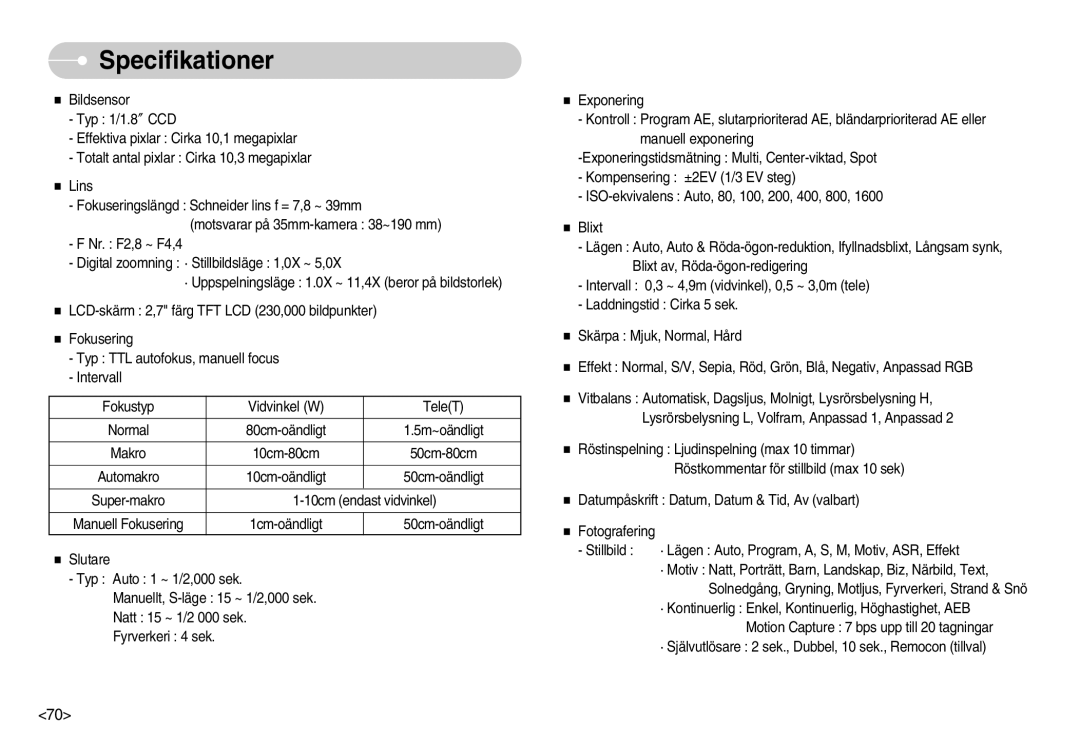 Samsung EC-NV11ZBBB/E2, EC-NV11ZBDA/DE, EC-NV11ZBBC/E2 manual Specifikationer 