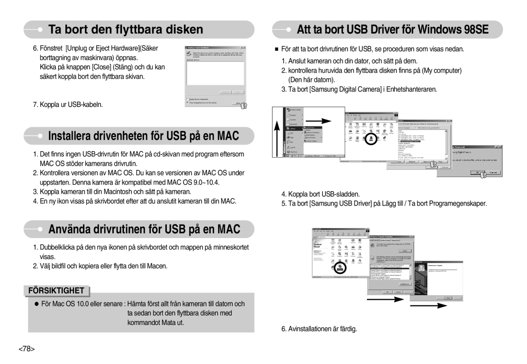 Samsung EC-NV11ZBBC/E2, EC-NV11ZBDA/DE, EC-NV11ZBBB/E2 manual Att ta bort USB Driver för Windows 98SE 