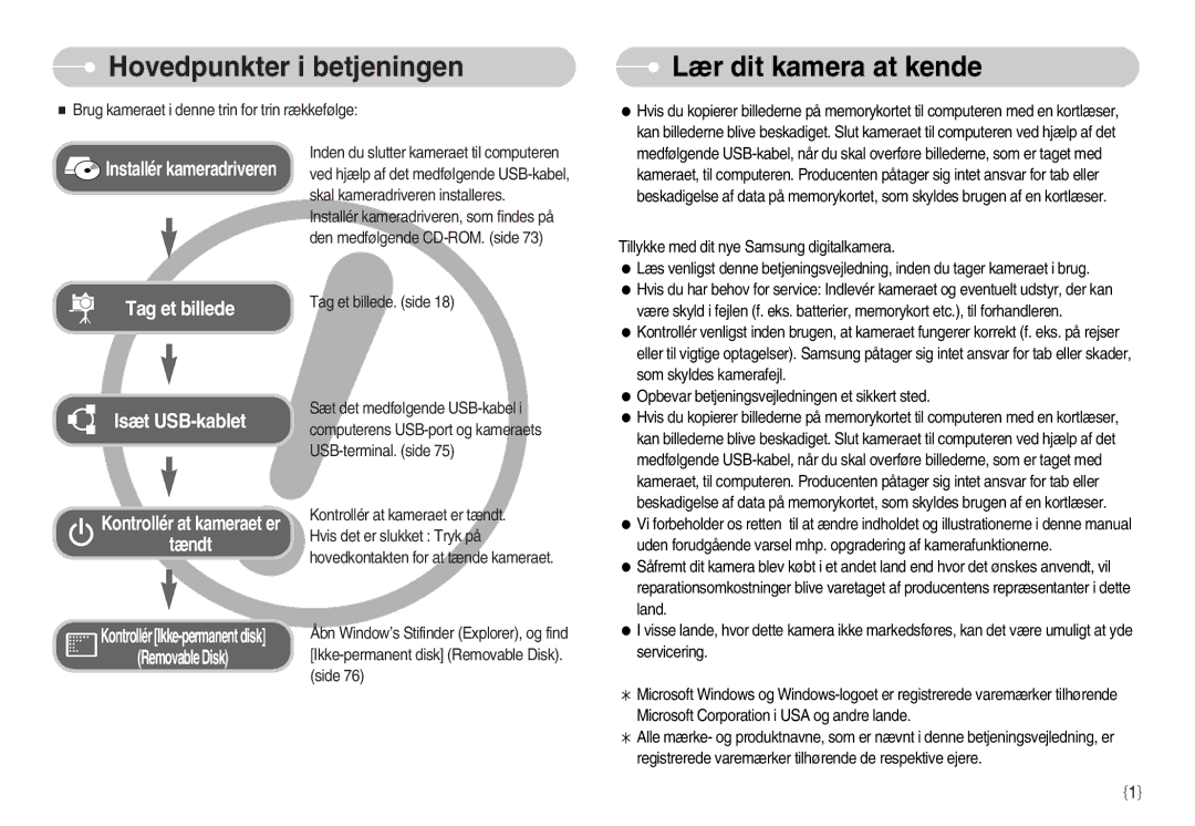 Samsung EC-NV11ZBBB/E2, EC-NV11ZBDA/DE, EC-NV11ZBBC/E2 manual Hovedpunkter i betjeningen, Lær dit kamera at kende 