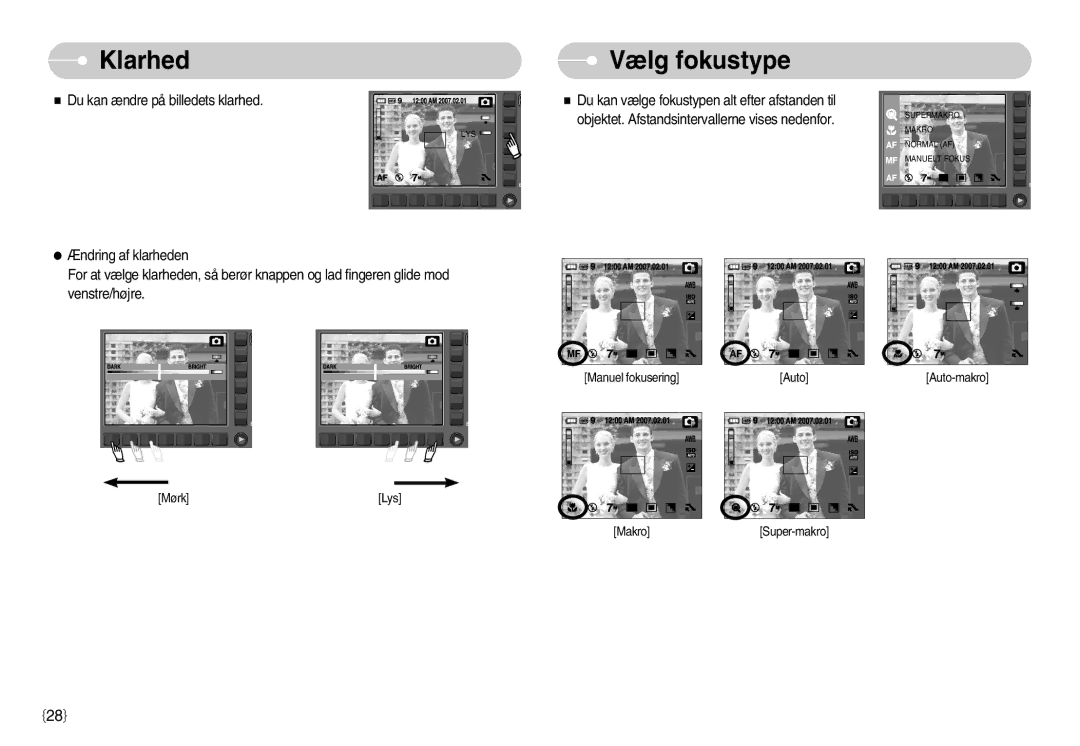 Samsung EC-NV11ZBBB/E2, EC-NV11ZBDA/DE, EC-NV11ZBBC/E2 manual Klarhed Vælg fokustype 