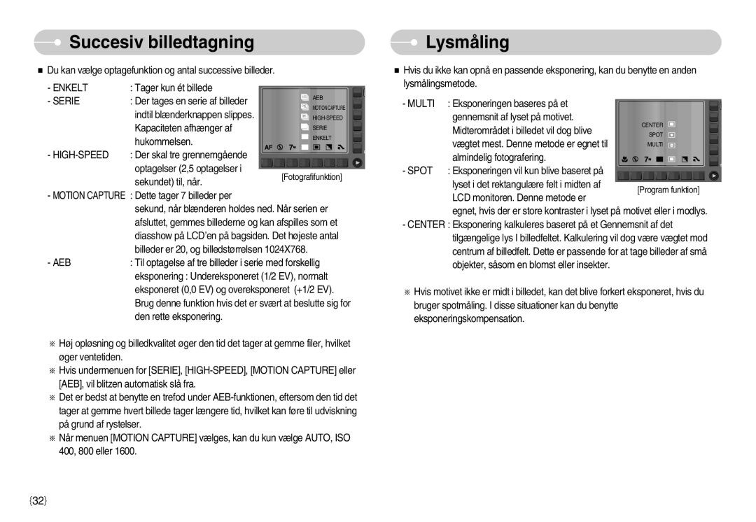 Samsung EC-NV11ZBDA/DE, EC-NV11ZBBC/E2, EC-NV11ZBBB/E2 manual Succesiv billedtagning, Lysmåling, High-Speed, Aeb 