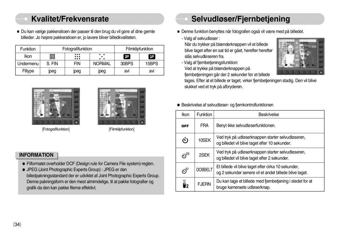 Samsung EC-NV11ZBBB/E2, EC-NV11ZBDA/DE, EC-NV11ZBBC/E2 manual Kvalitet/Frekvensrate, Selvudløser/Fjernbetjening 