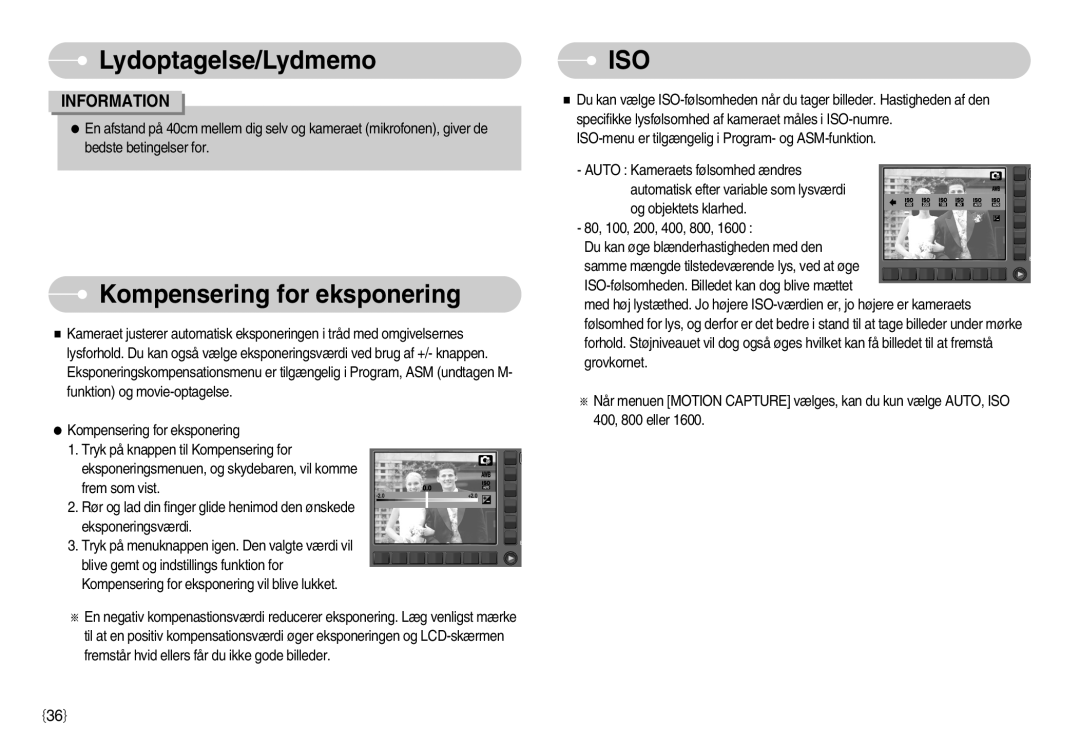 Samsung EC-NV11ZBBC/E2, EC-NV11ZBDA/DE, EC-NV11ZBBB/E2 manual Kompensering for eksponering, Iso 