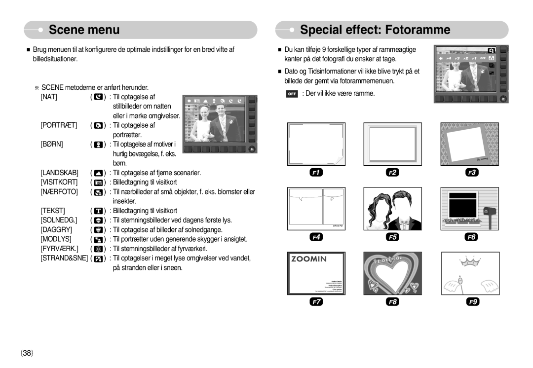 Samsung EC-NV11ZBDA/DE, EC-NV11ZBBC/E2, EC-NV11ZBBB/E2 manual Scene menu, Special effect Fotoramme 