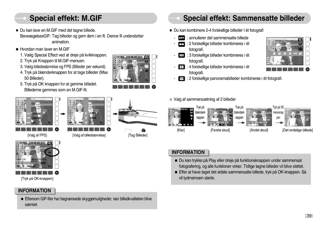 Samsung EC-NV11ZBBC/E2, EC-NV11ZBDA/DE, EC-NV11ZBBB/E2 manual Special effekt M.GIF, Special effekt Sammensatte billeder 