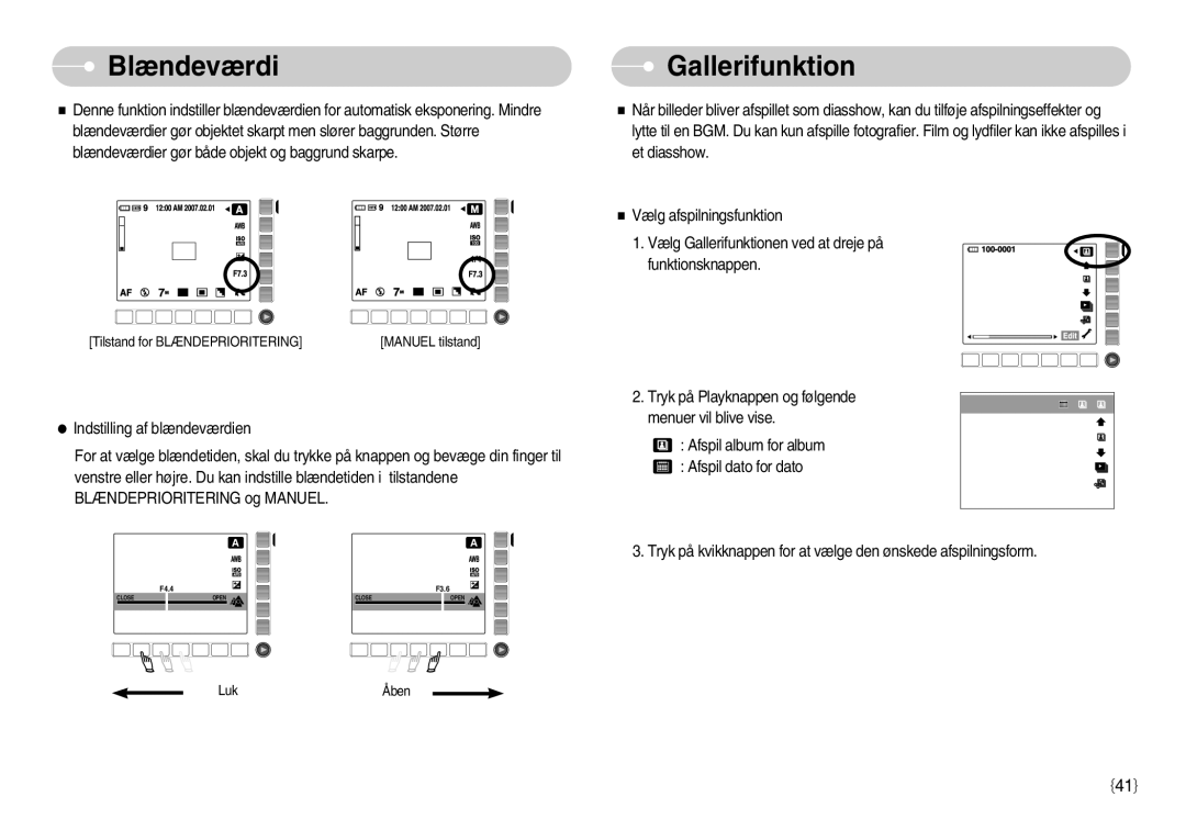 Samsung EC-NV11ZBDA/DE, EC-NV11ZBBC/E2, EC-NV11ZBBB/E2 manual Blændeværdi, Gallerifunktion 