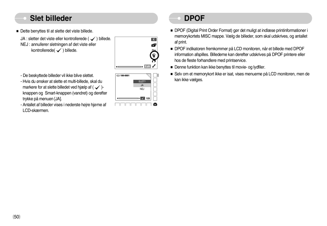 Samsung EC-NV11ZBDA/DE, EC-NV11ZBBC/E2, EC-NV11ZBBB/E2 manual Slet billeder, Dpof 