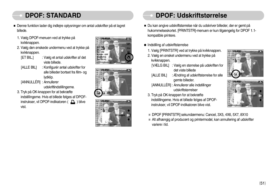 Samsung EC-NV11ZBBC/E2, EC-NV11ZBDA/DE, EC-NV11ZBBB/E2 manual Dpof Udskriftstørrelse, Et Bil, Alle BIL, Vælg BIL 