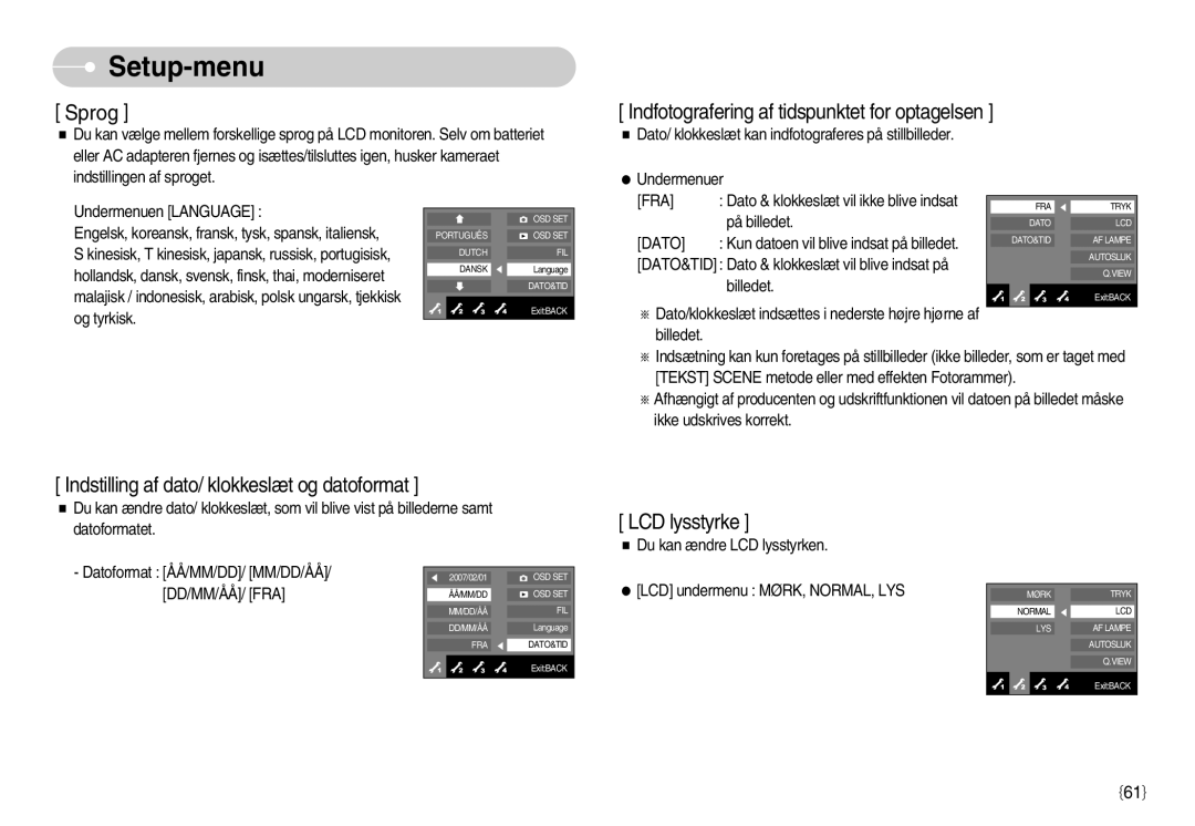 Samsung EC-NV11ZBBB/E2, EC-NV11ZBDA/DE, EC-NV11ZBBC/E2 manual Indstilling af dato/ klokkeslæt og datoformat 