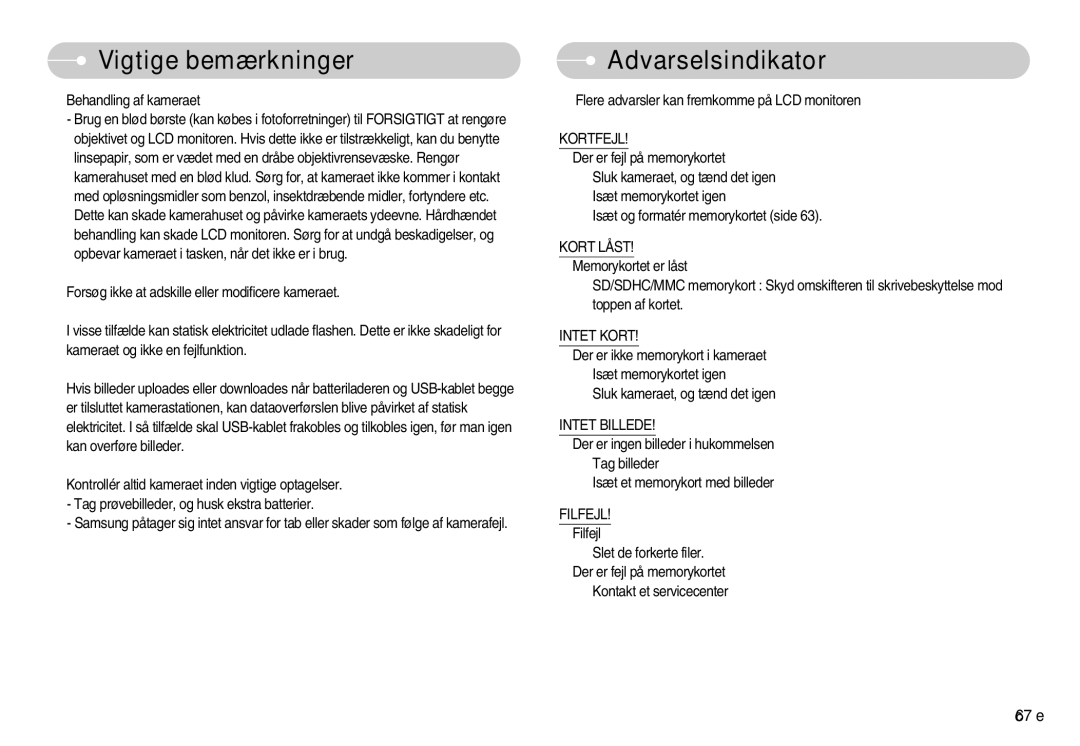 Samsung EC-NV11ZBBB/E2, EC-NV11ZBDA/DE, EC-NV11ZBBC/E2 manual Kortfejl, Intet Kort, Intet Billede, Filfejl 