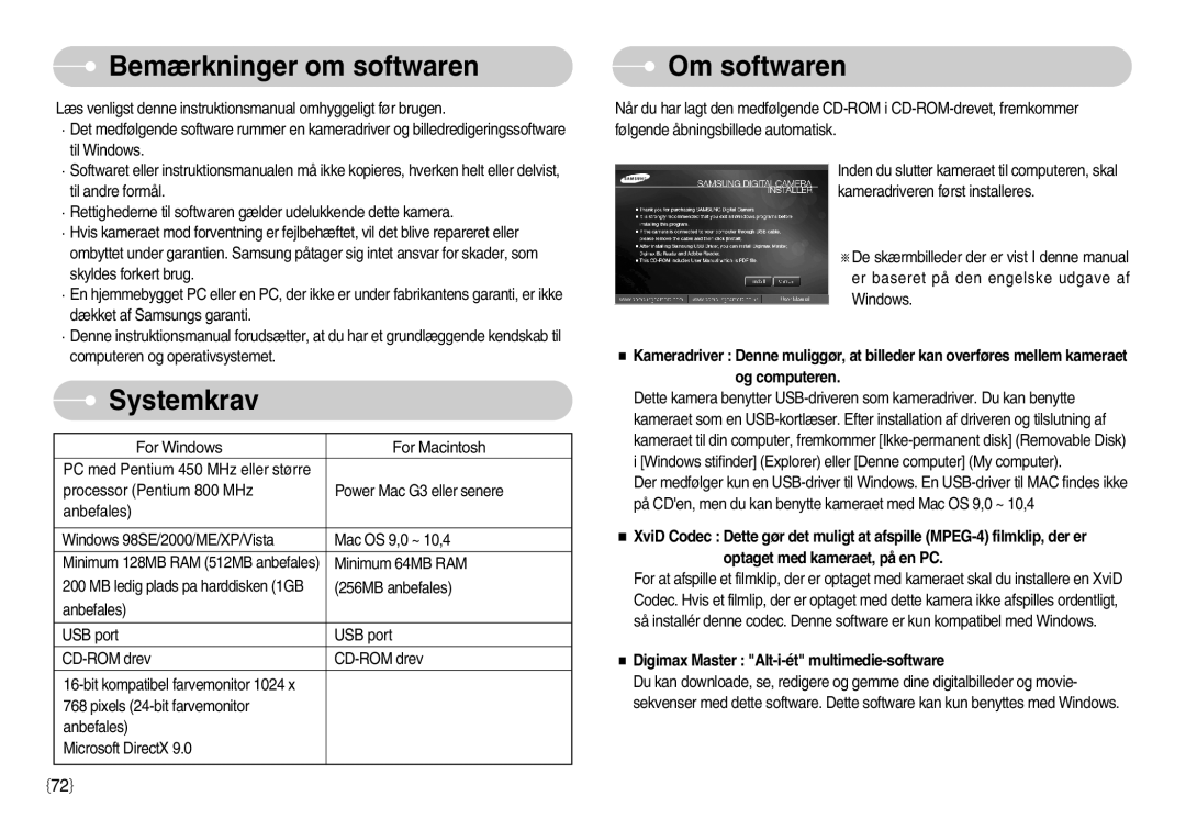 Samsung EC-NV11ZBBC/E2, EC-NV11ZBDA/DE, EC-NV11ZBBB/E2 manual Bemærkninger om softwaren, Systemkrav, Om softwaren 