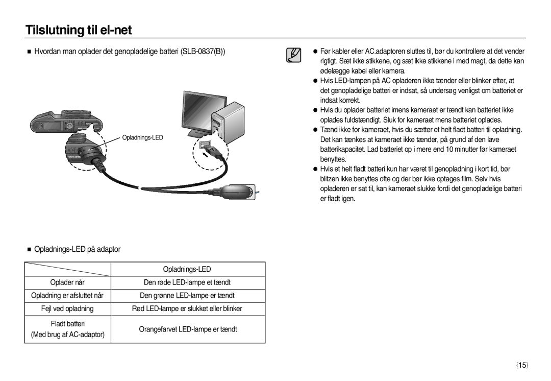 Samsung EC-NV15ZSBA/E2, EC-NV15ZBBA/E2 Hvordan man oplader det genopladelige batteri SLB-0837B, Opladnings-LED på adaptor 