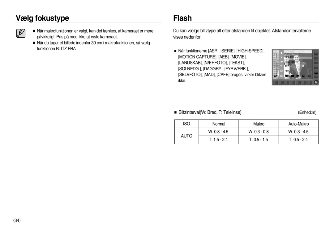 Samsung EC-NV15ZSDA/E3, EC-NV15ZBBA/E2, EC-NV15ZSBA/E2 manual Flash, BlitzintervalW Bred, T Telelinse 