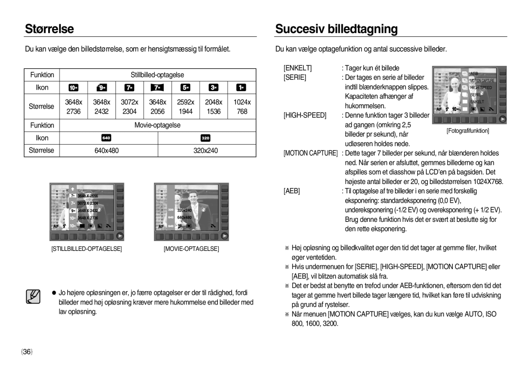 Samsung EC-NV15ZSBA/E2 manual Størrelse, Succesiv billedtagning, Du kan vælge optagefunktion og antal successive billeder 